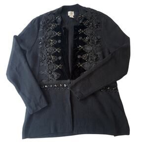 VINTAGE CHICO'S Black Velvet Appliqué Knit Sweater Jacket Size 2 (M/L)